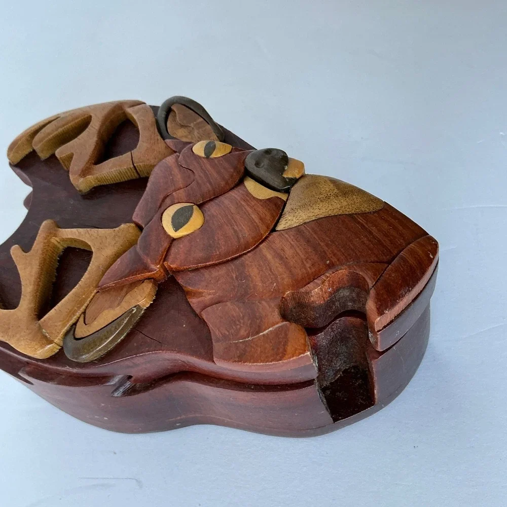 Vintage Buck Head Puzzle‎ Box Wooden Intarsia Deer Trinket Hidden Compart